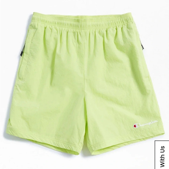 Champion Nylon lined warm up shorts in lime green sport wear zipper pockets - Picture 1 of 7
